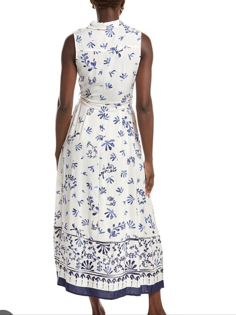 Sleeveless White Maxi Dress with Blue Floral Print and Self-Tie Waist